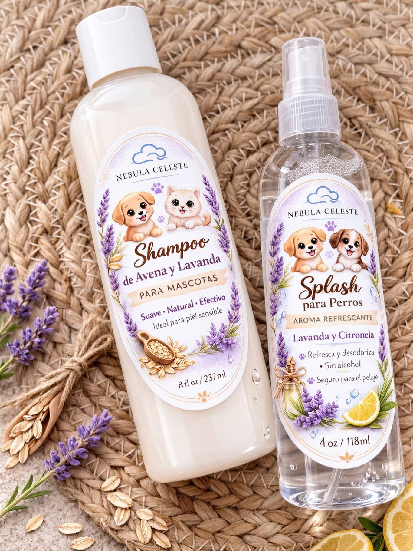 Dúo Avena & Lavanda para Mascotas
Shampoo + Splash Aromático